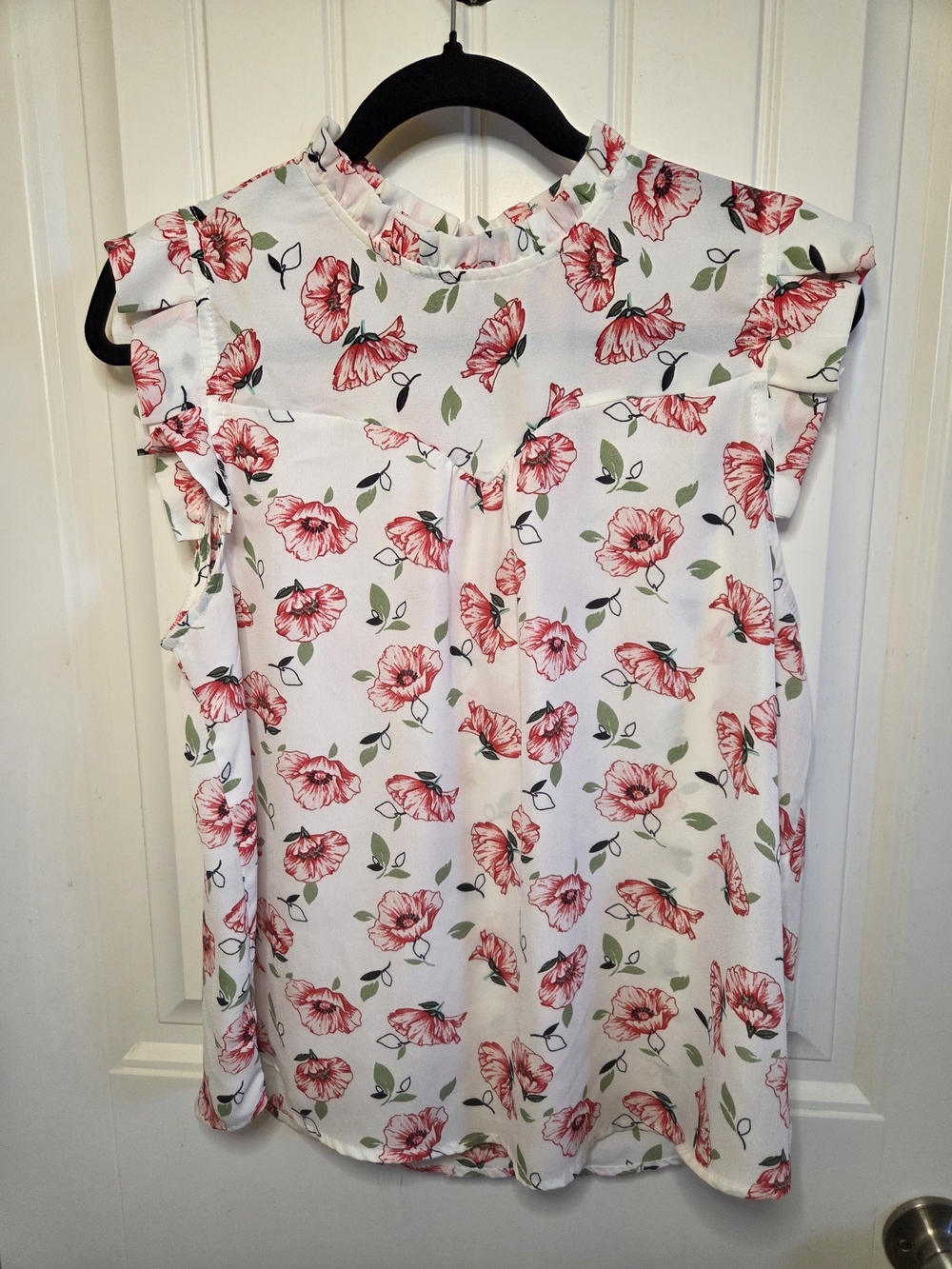 Red Poppy Monteau White Cap-sleeve Blouse With Floral Print
